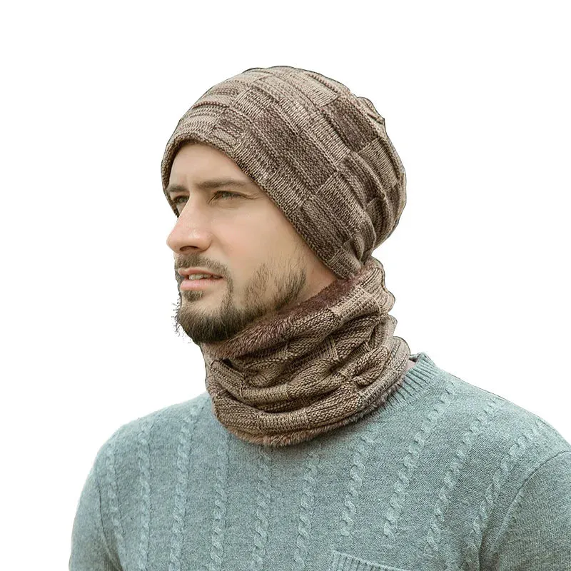 Fashion Men Winter Beanie Hats Scarf Set Warm