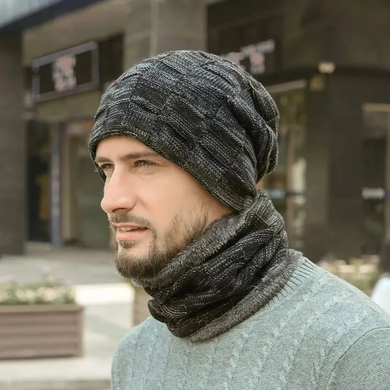 Fashion Men Winter Beanie Hats Scarf Set Warm