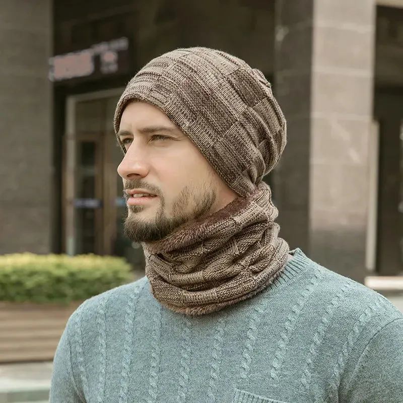 Fashion Men Winter Beanie Hats Scarf Set Warm