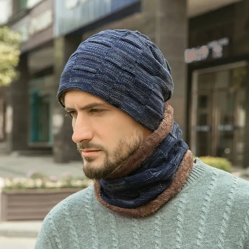 Fashion Men Winter Beanie Hats Scarf Set Warm