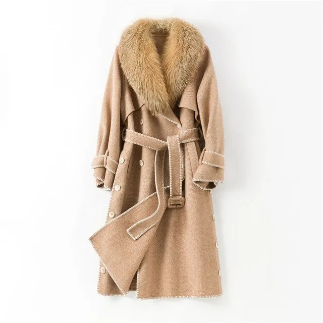 Genuine Fox Fur Wool Blends Fox Fur Collar Jacket
