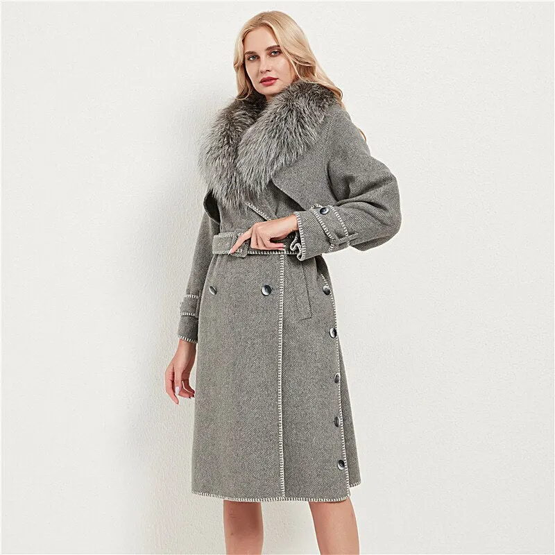 Genuine Fox Fur Wool Blends Fox Fur Collar Jacket
