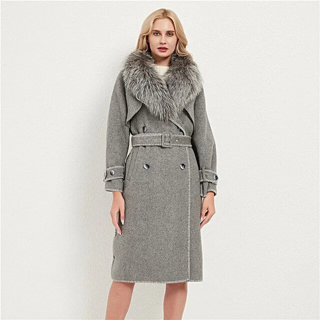 Genuine Fox Fur Wool Blends Fox Fur Collar Jacket