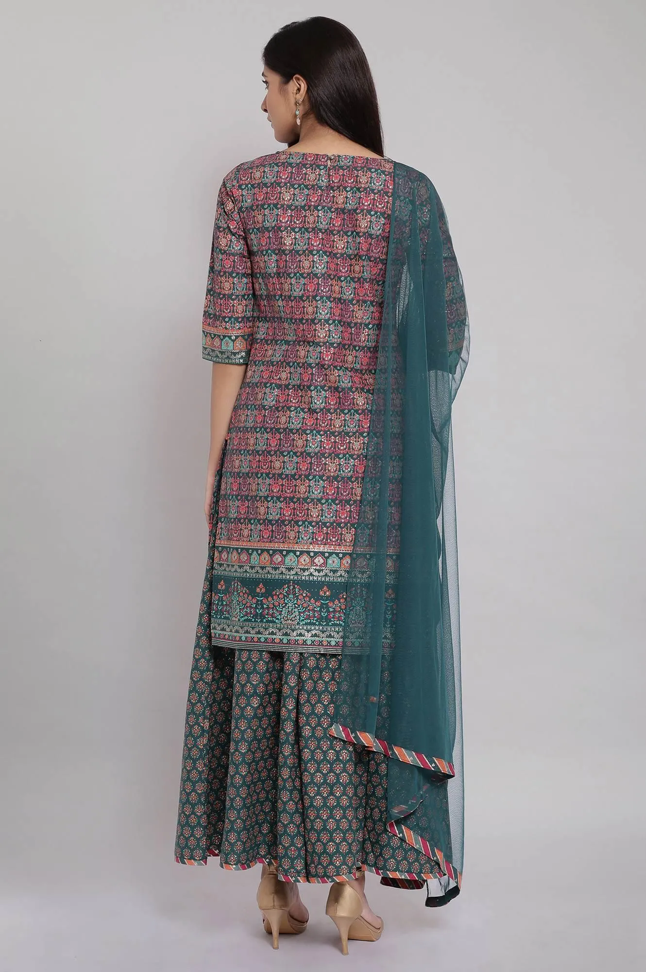Green Printed Straight kurta-Culottes-Dupatta Set