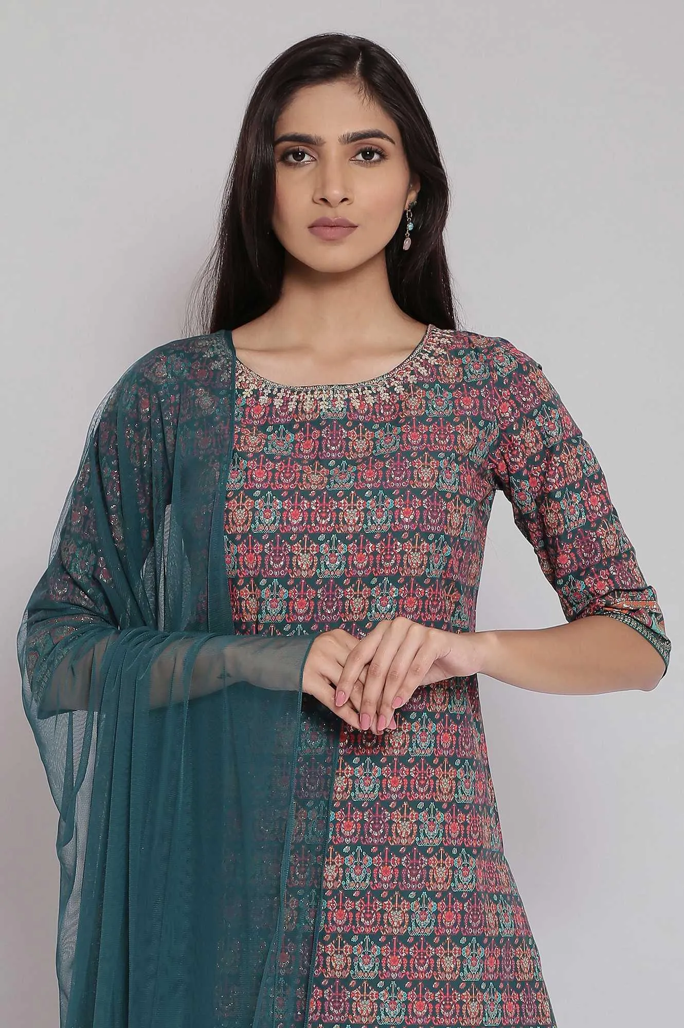 Green Printed Straight kurta-Culottes-Dupatta Set