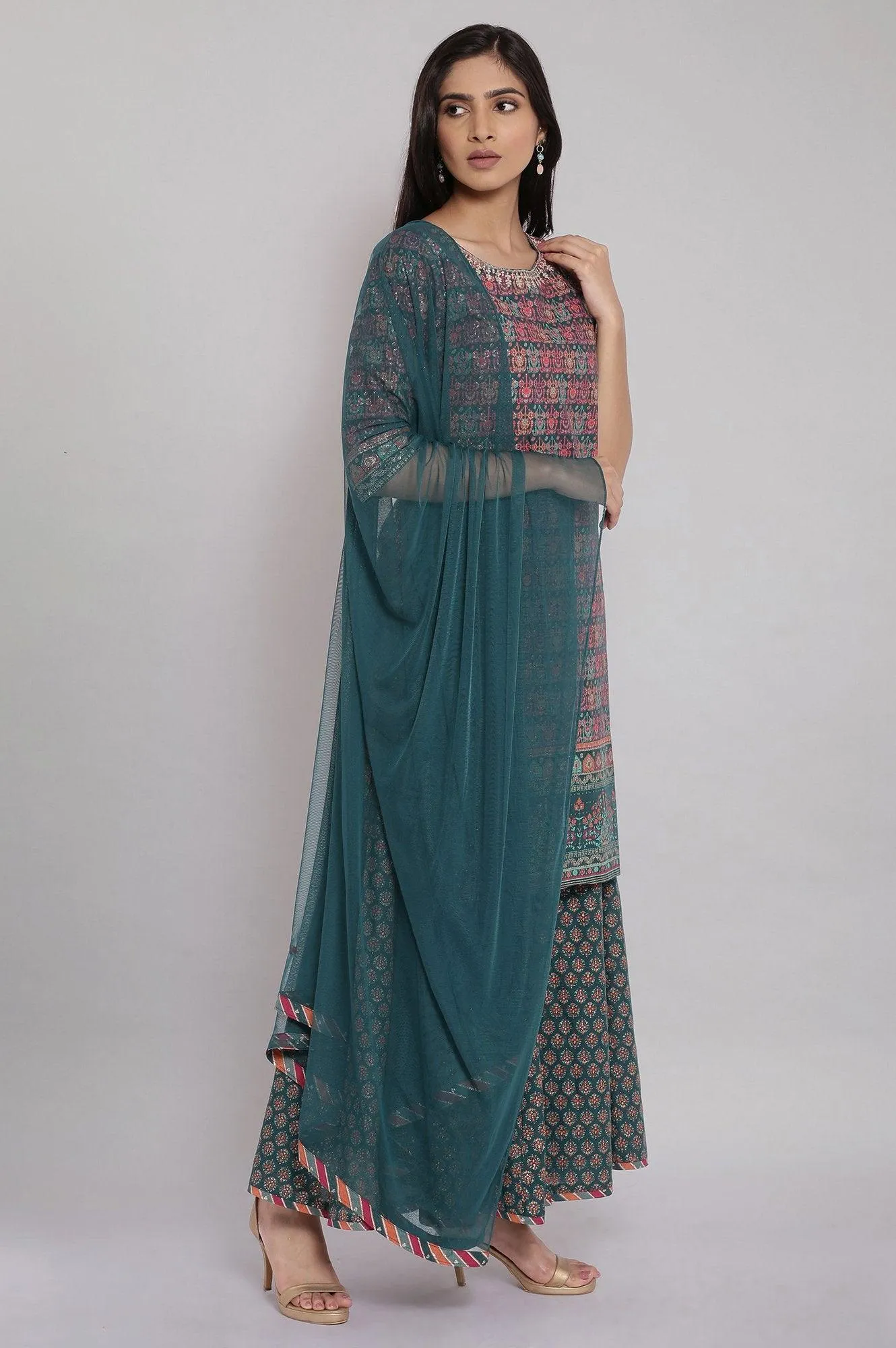 Green Printed Straight kurta-Culottes-Dupatta Set