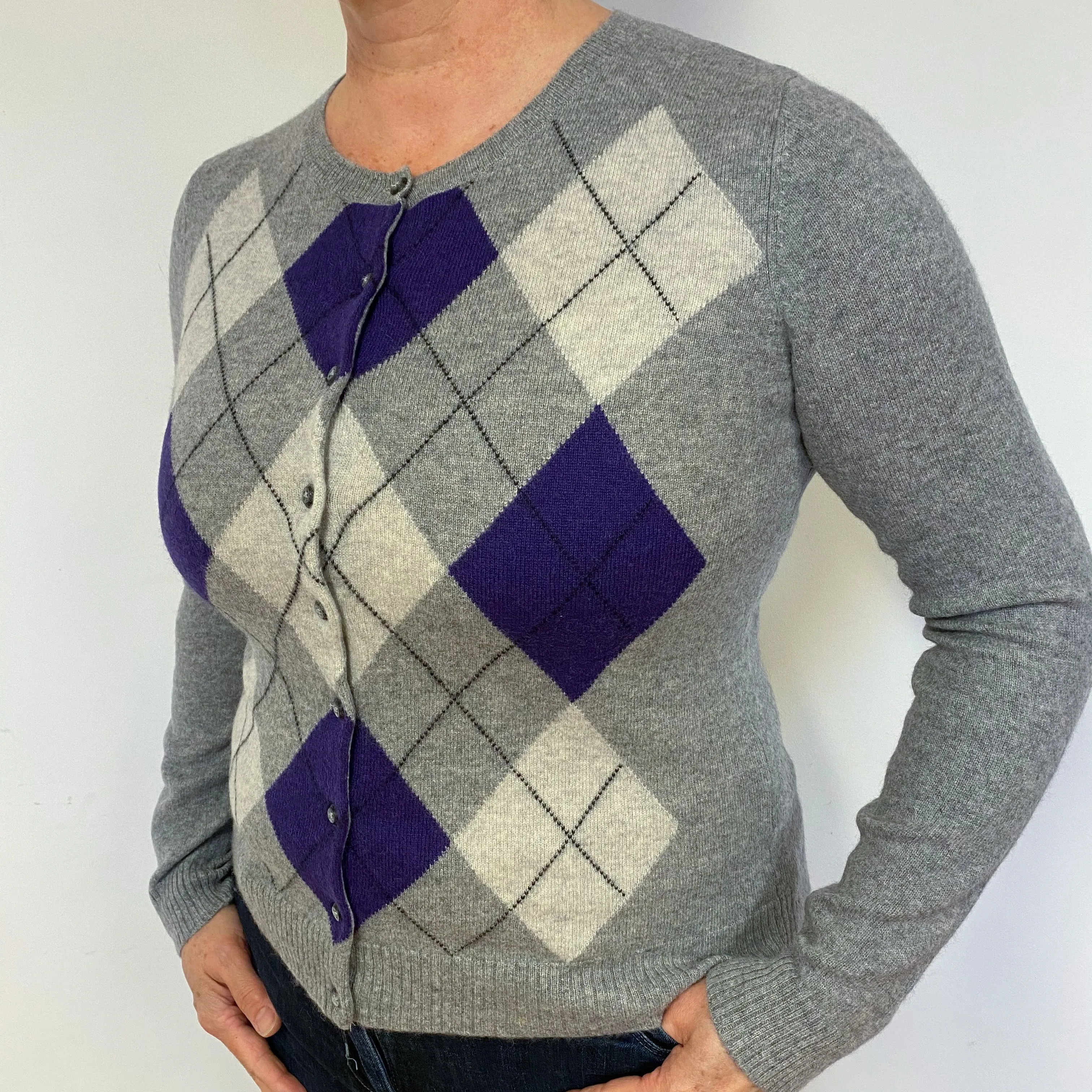 Grey Purple Argyle Cashmere Crew Neck Cardigan Large