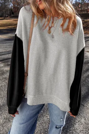 Grey Two Tone Patchwork Drop Shoulder Pullover Sweatshirt