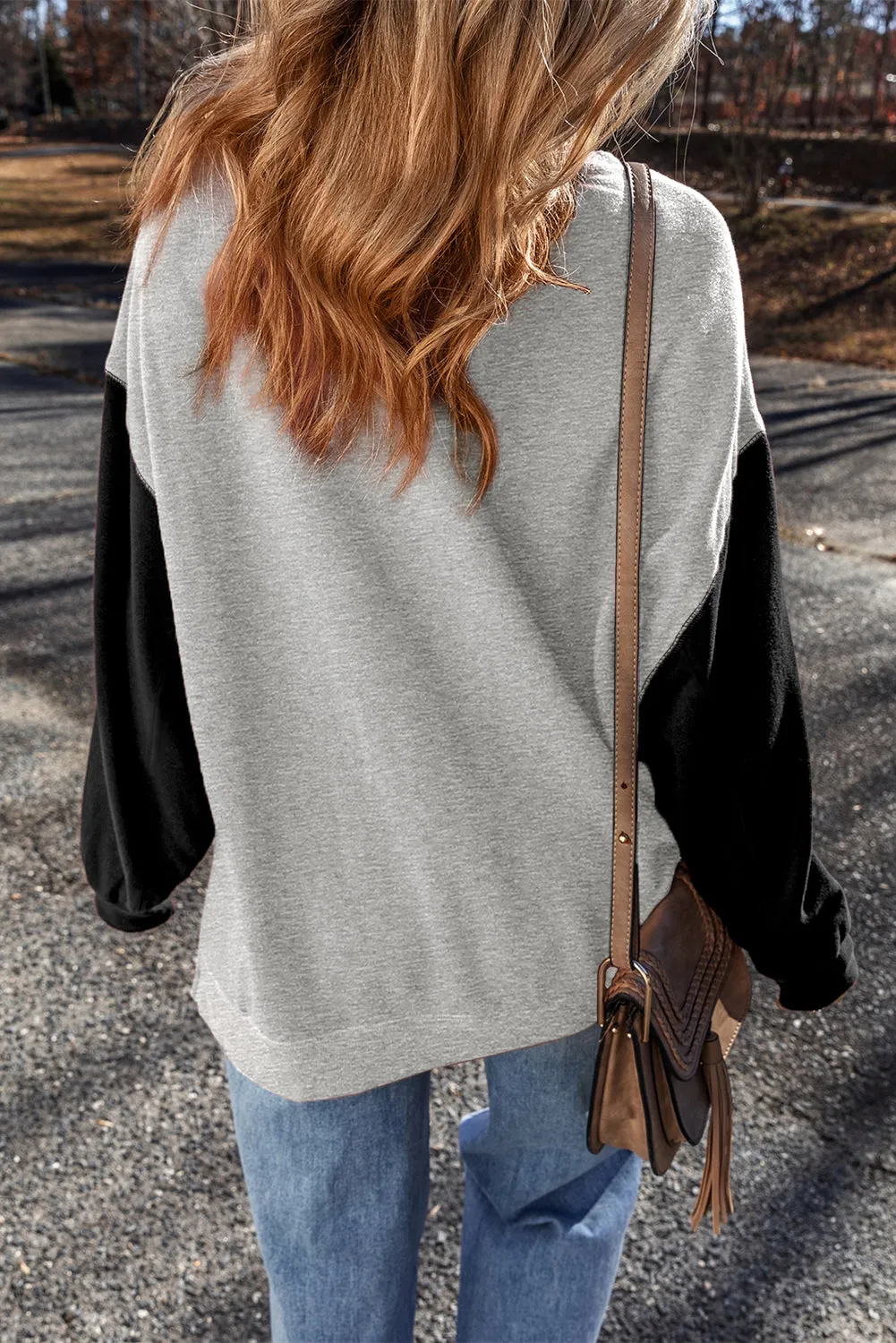 Grey Two Tone Patchwork Drop Shoulder Pullover Sweatshirt