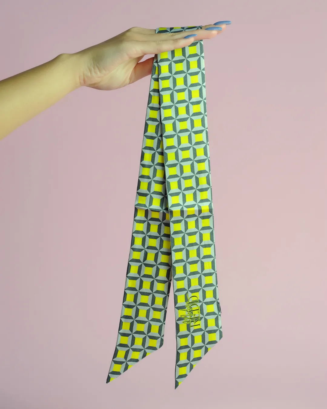 Haute Redd Neon Yellow & Grey Checkers Silk Twilly Scarf