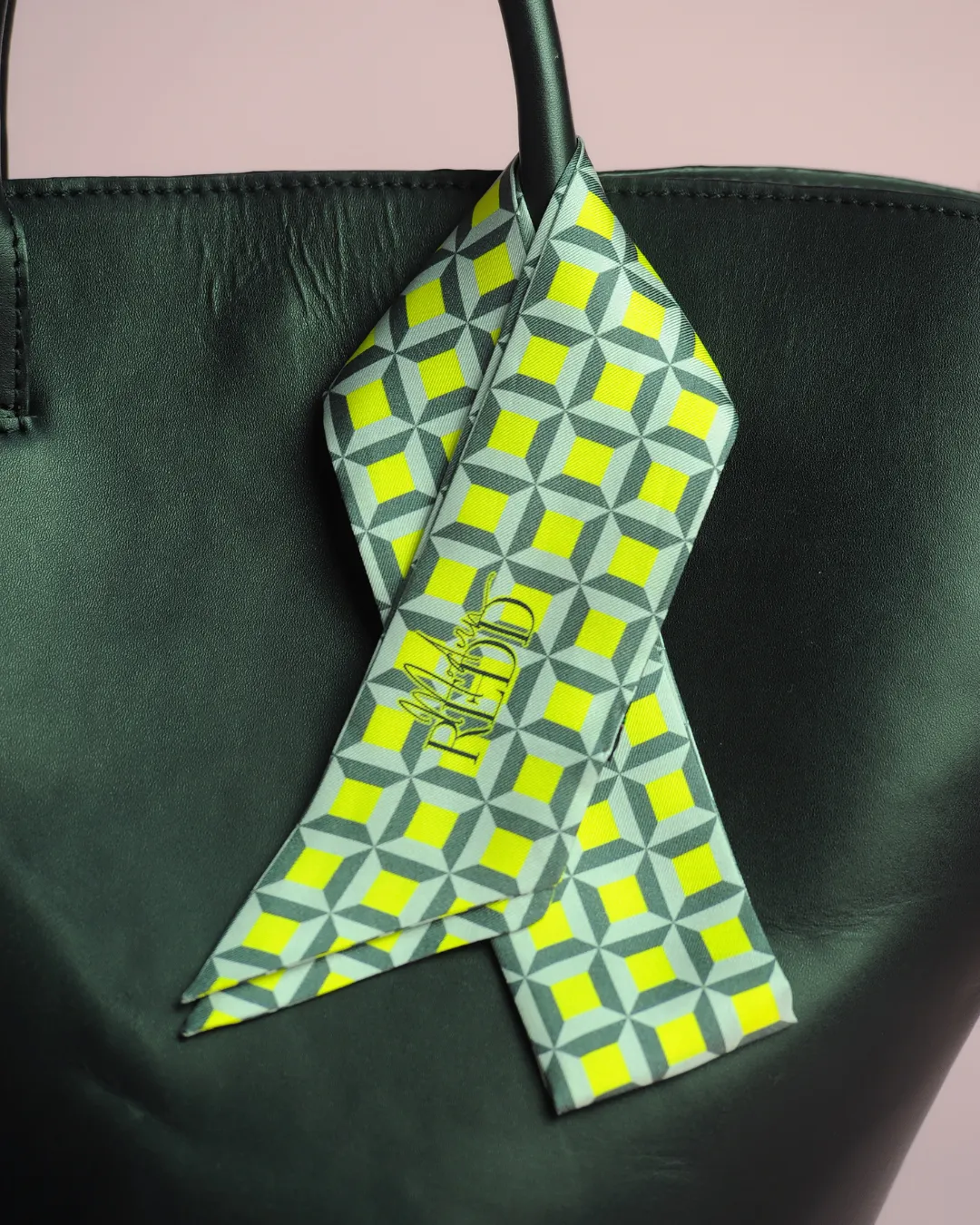 Haute Redd Neon Yellow & Grey Checkers Silk Twilly Scarf