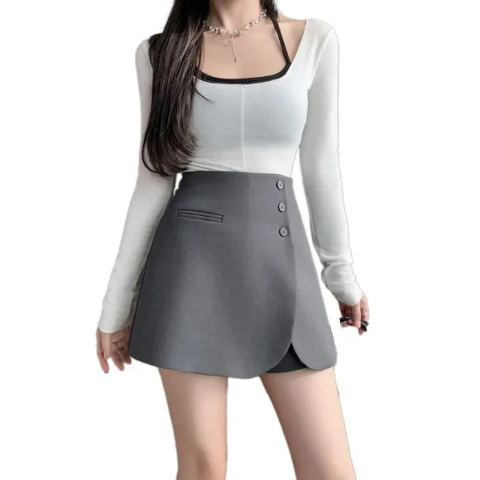 High Waist Plain Asymmetrical Button Front Skort