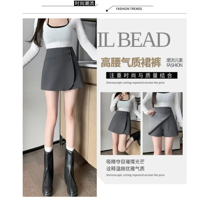 High Waist Plain Asymmetrical Button Front Skort