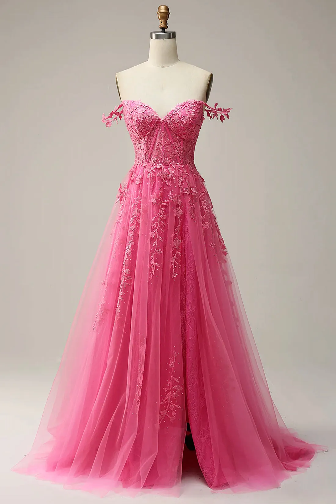 Hot Pink Lace Long Prom Dress, Spaghetti Strap Evening Dress Party Dress