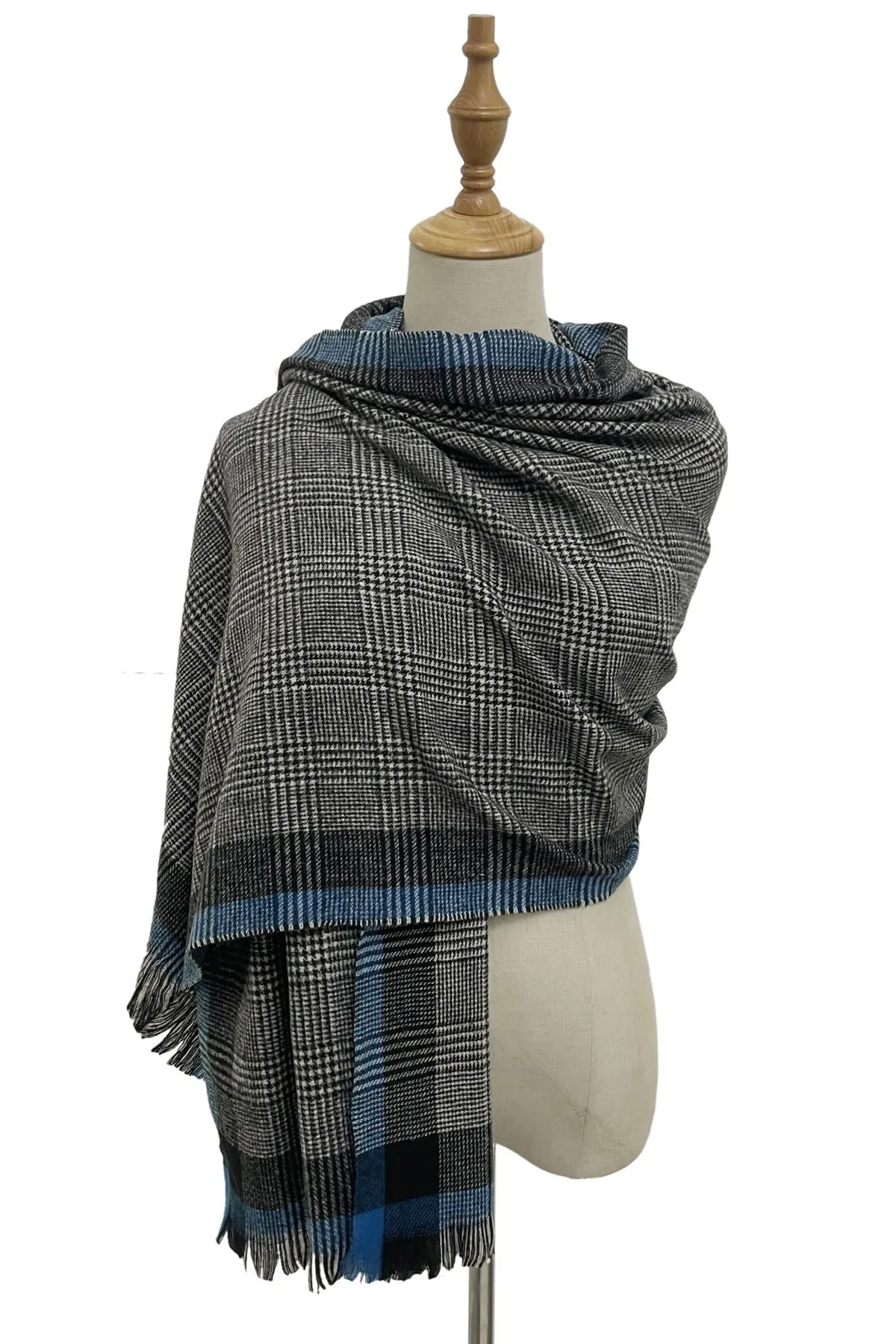 Houndstooth Check Print Frayed Scarf