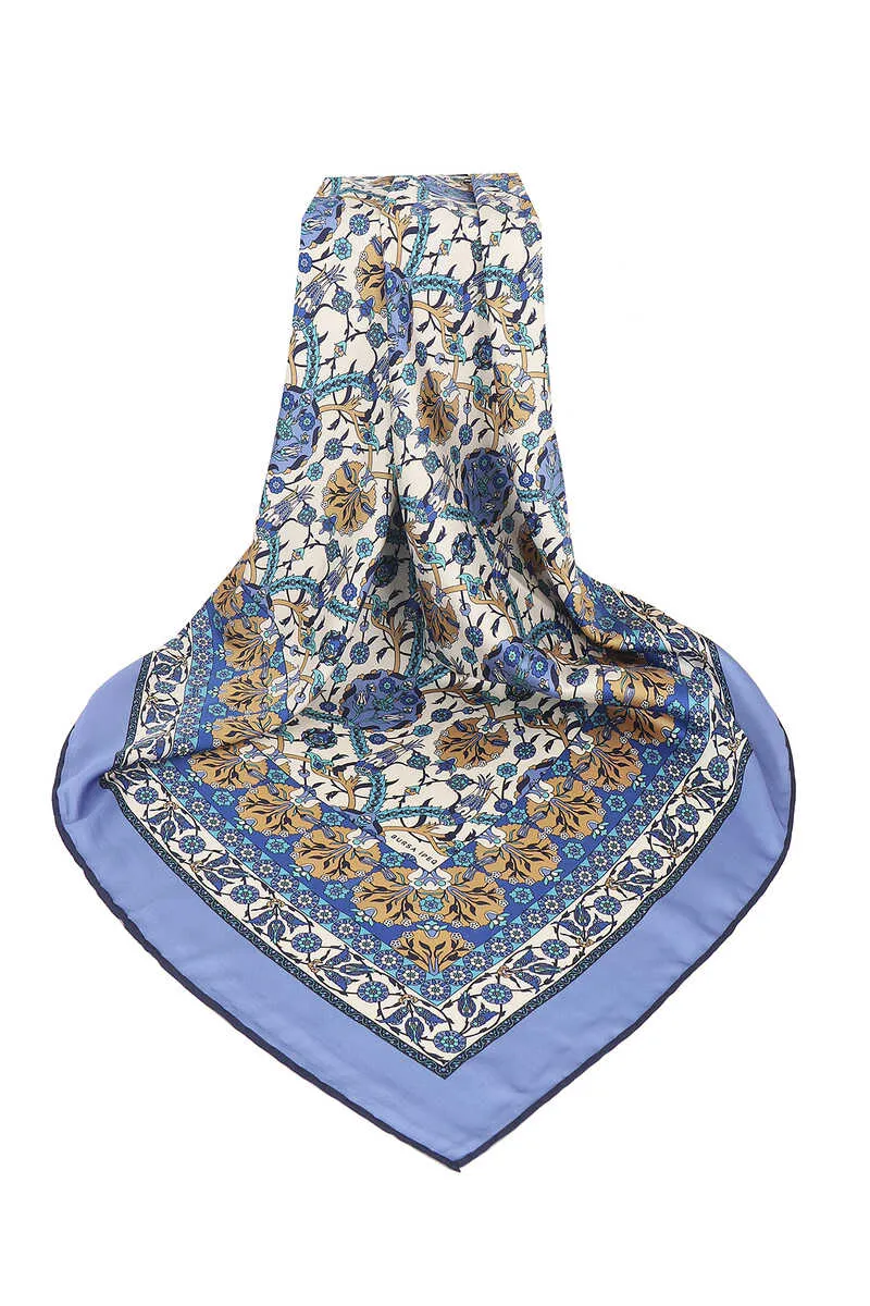 Indigo Tile Tulip Pattern Silky Square Scarf