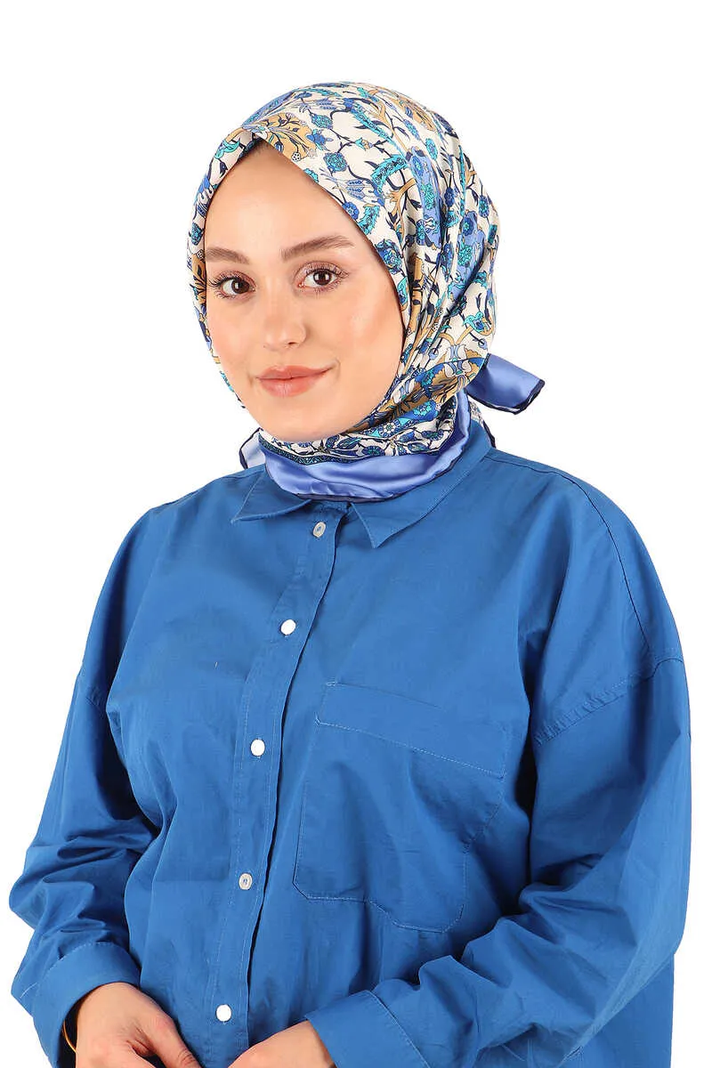 Indigo Tile Tulip Pattern Silky Square Scarf