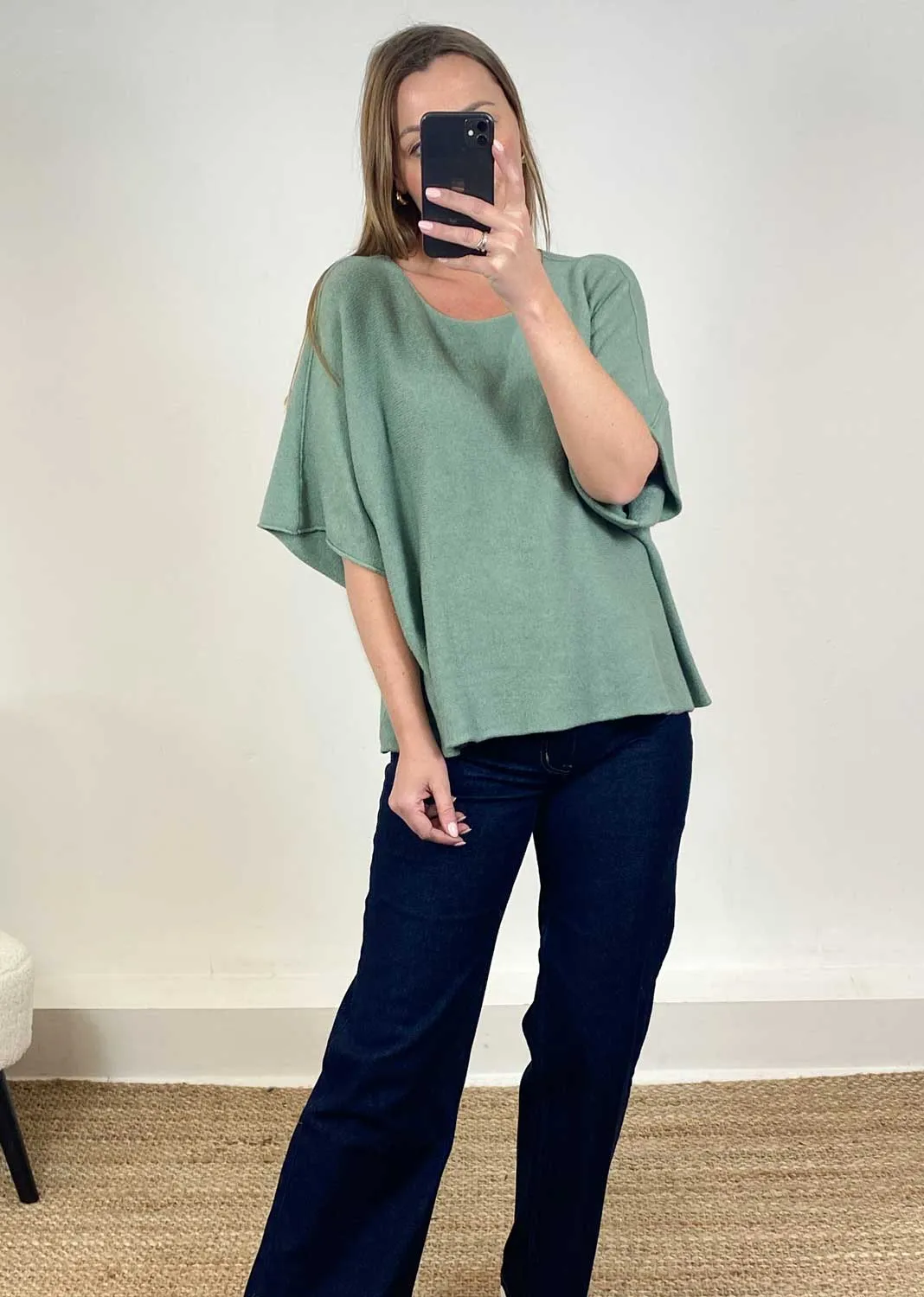 Juliette Batwing Knitted Jumper in Sage Green