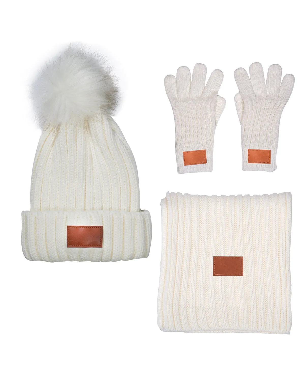 Leeman 3-Piece Rib Knit Fur Pom Winter Set