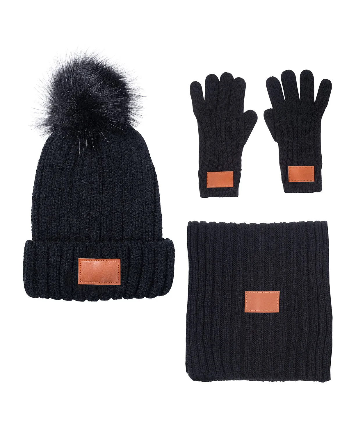 Leeman 3-Piece Rib Knit Fur Pom Winter Set