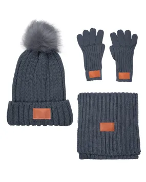 Leeman 3-Piece Rib Knit Fur Pom Winter Set