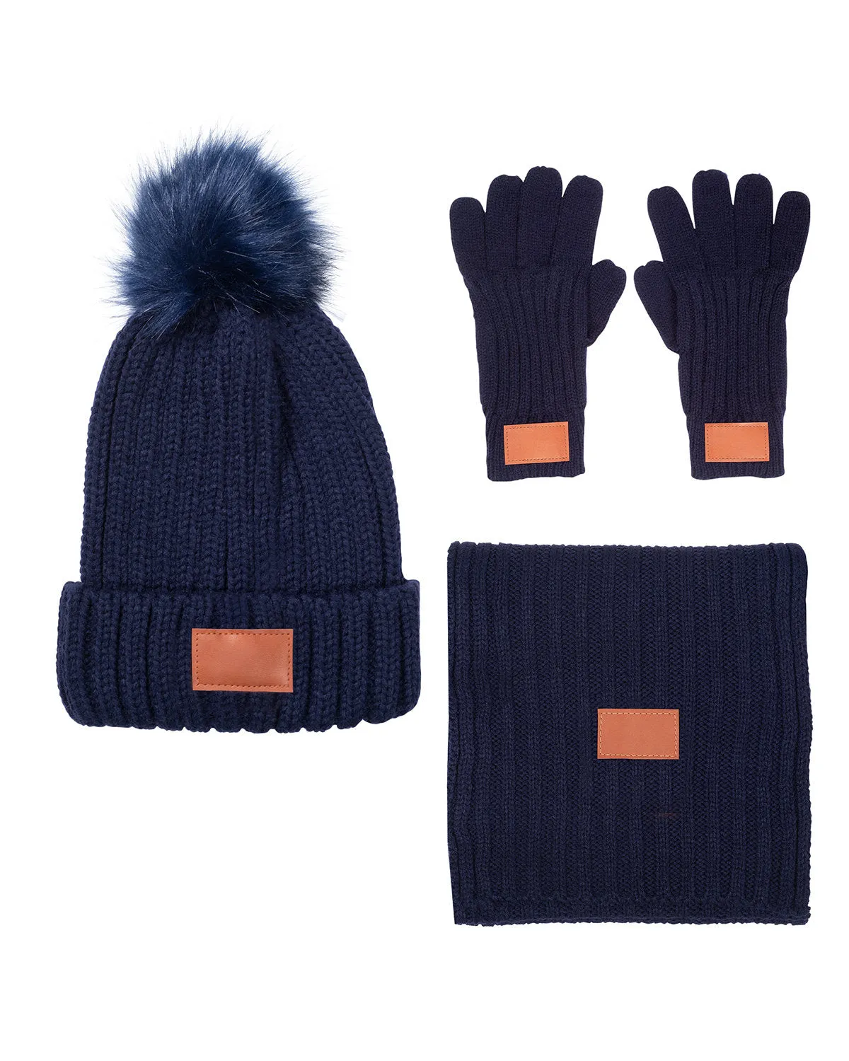 Leeman 3-Piece Rib Knit Fur Pom Winter Set