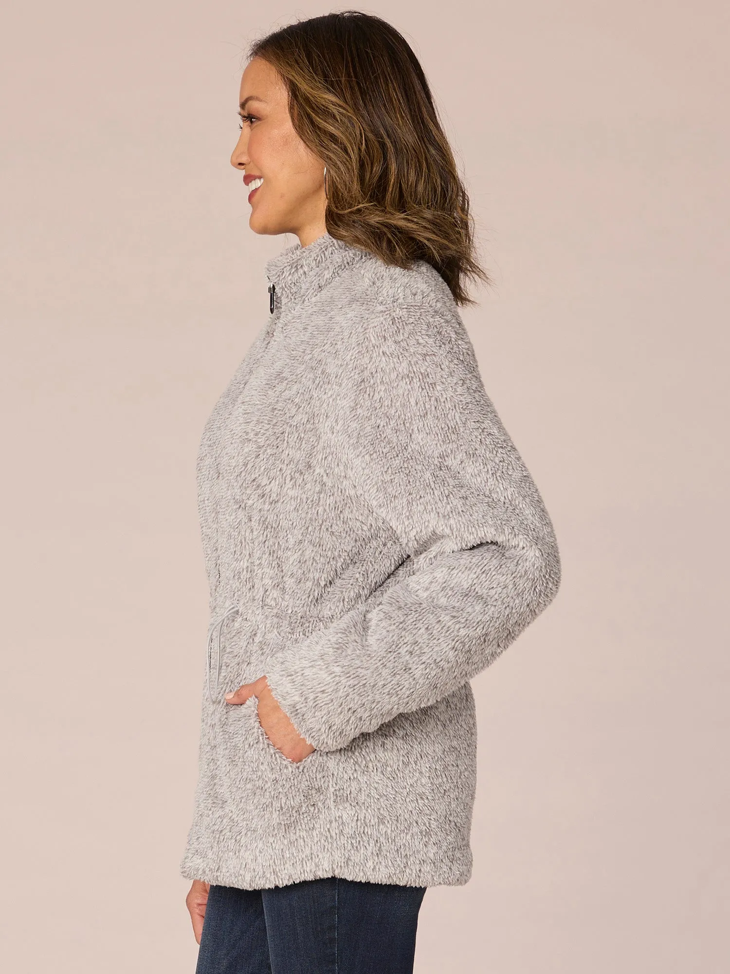 Long Sleeve Stand Collar Zip Front Drawstring Waist Petite Fur Jacket