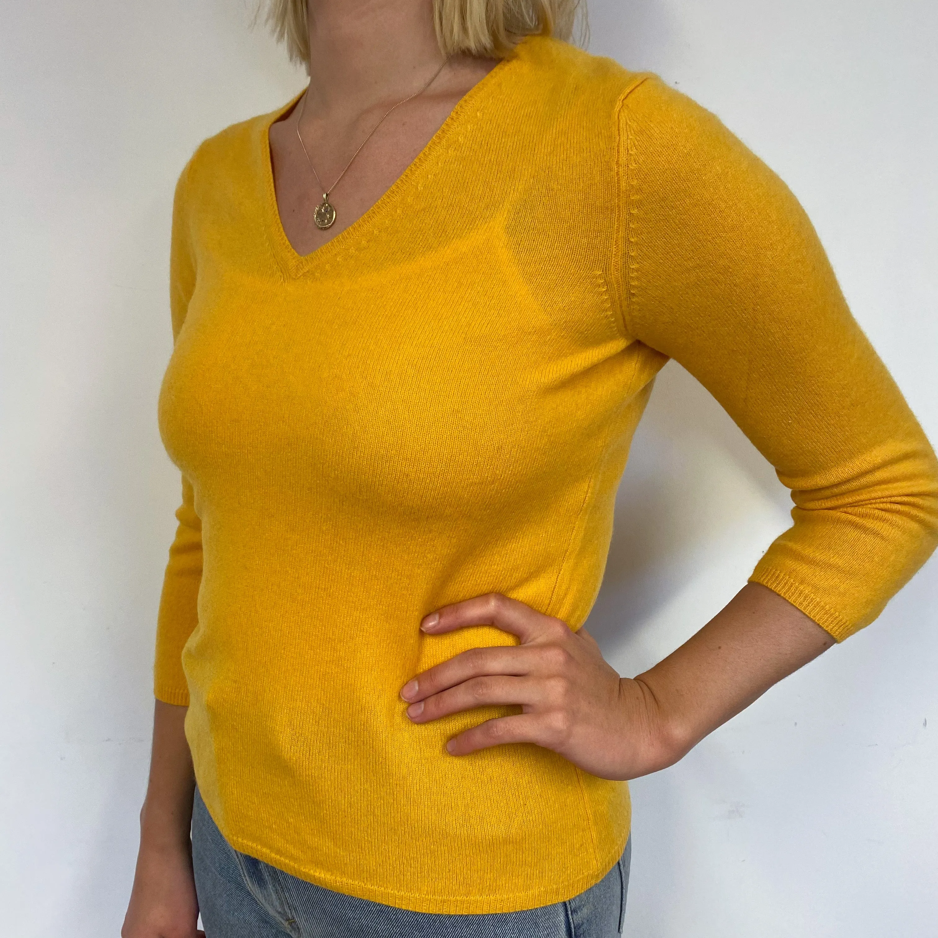 Marigold Yellow Cashmere V-Neck Jumper Small