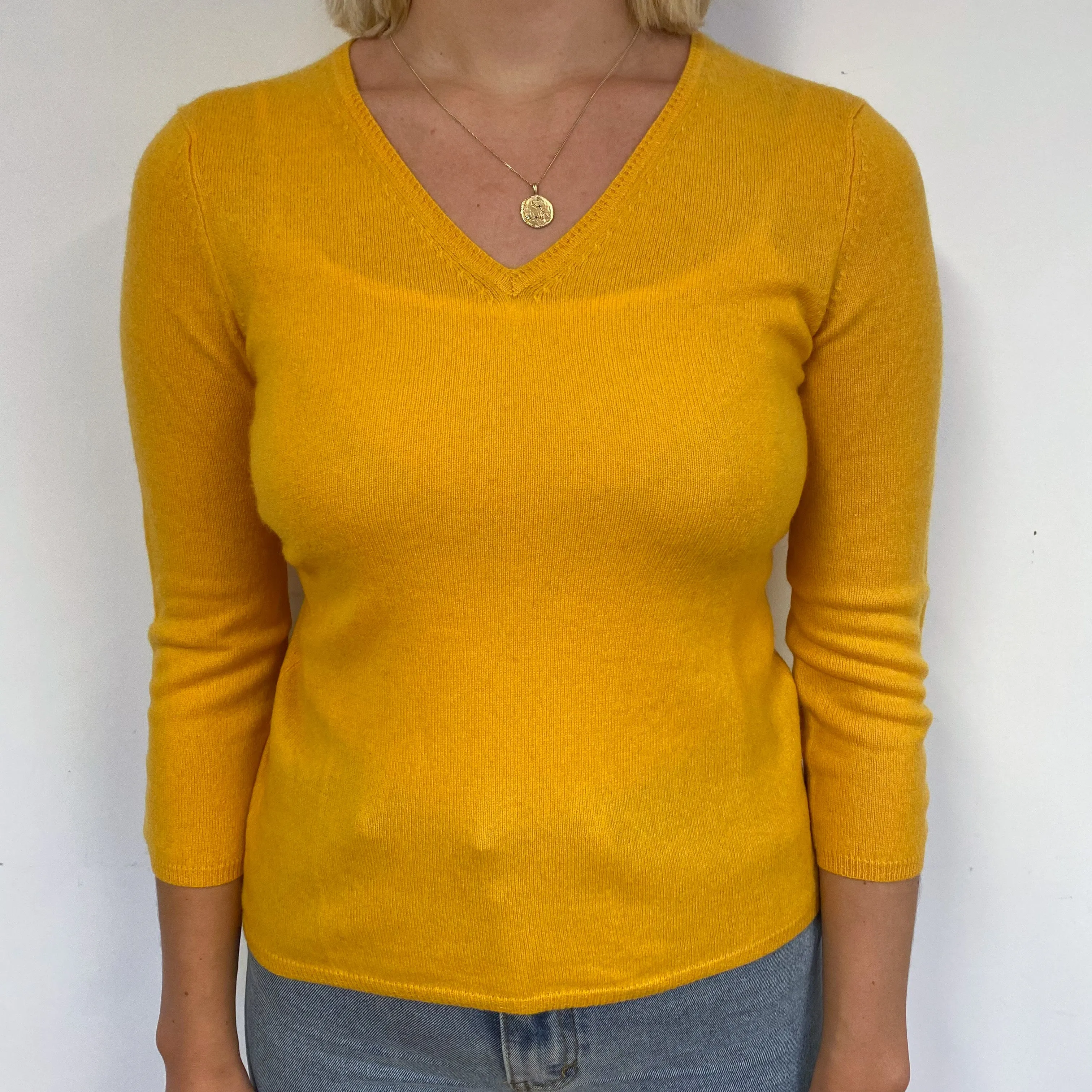 Marigold Yellow Cashmere V-Neck Jumper Small