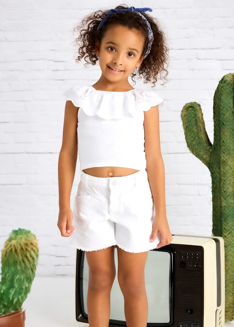 Mayoral Eyelet Ruffle T-Shirt in White