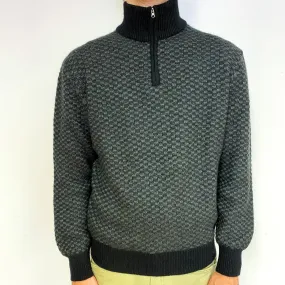 Men's Black and Grey Chunky Cashmere 1/4 Zip Jumper Large
