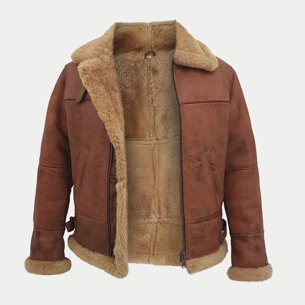Men's Brown Fur Collar Genuine Sheepskin Pilot Aviator Bomber Leather Jacket