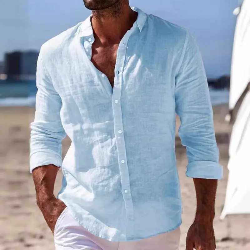 Men's Casual Cotton Linen Thin Lapel Long-Sleeved Shirt 31459816M