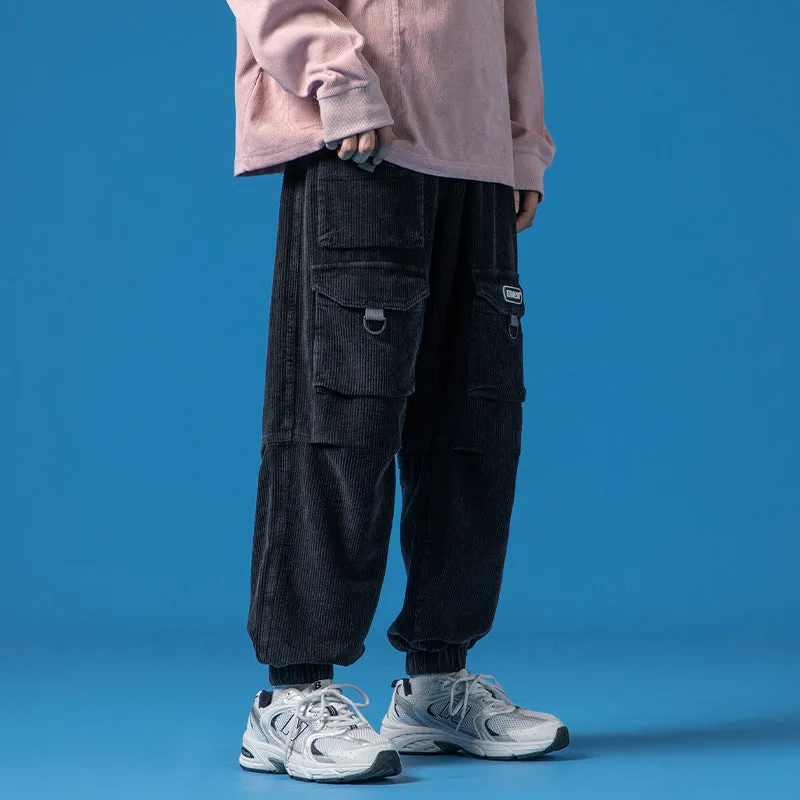 Mens Corduroy Pants Men's Autumn and Winter Three-Dimensional Multi-Pocket Workwear Ankle Banded Slacks