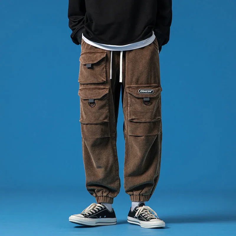 Mens Corduroy Pants Men's Autumn and Winter Three-Dimensional Multi-Pocket Workwear Ankle Banded Slacks