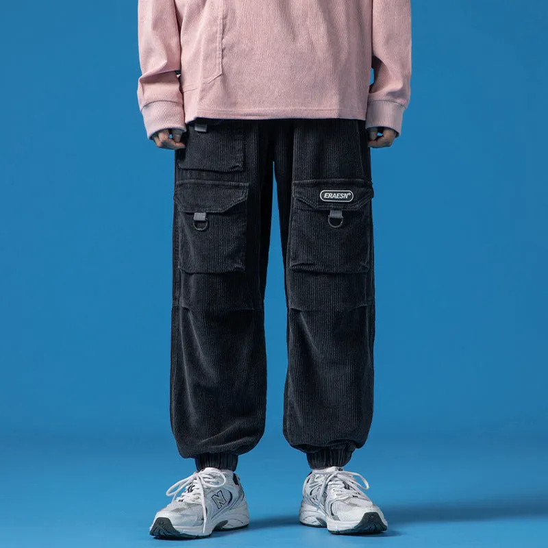 Mens Corduroy Pants Men's Autumn and Winter Three-Dimensional Multi-Pocket Workwear Ankle Banded Slacks