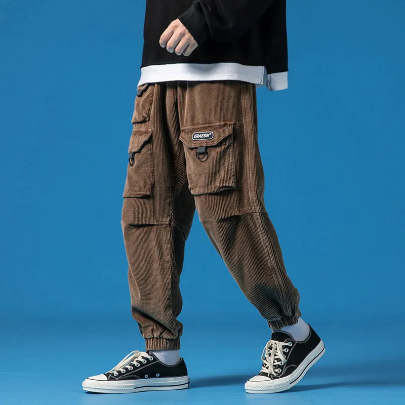 Mens Corduroy Pants Men's Autumn and Winter Three-Dimensional Multi-Pocket Workwear Ankle Banded Slacks