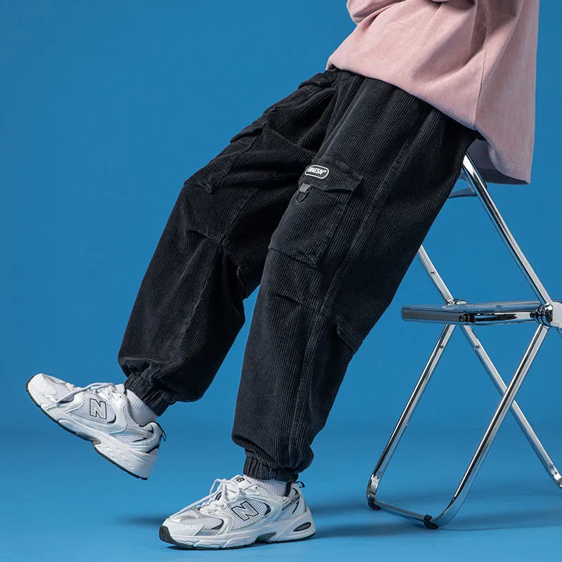 Mens Corduroy Pants Men's Autumn and Winter Three-Dimensional Multi-Pocket Workwear Ankle Banded Slacks