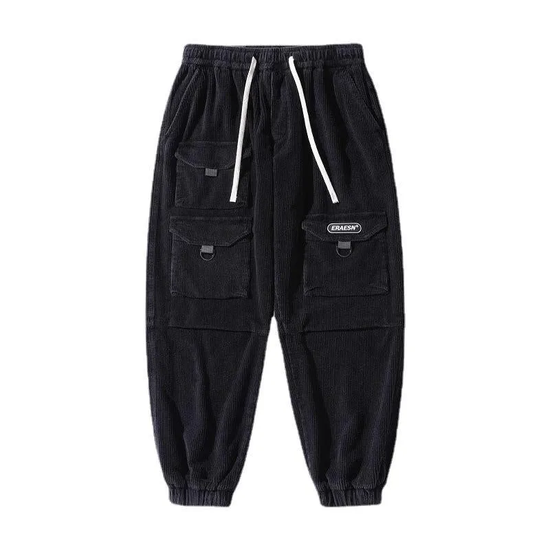 Mens Corduroy Pants Men's Autumn and Winter Three-Dimensional Multi-Pocket Workwear Ankle Banded Slacks