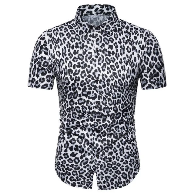 Mens Leopard Print Casual Button Short Sleeve Shirt