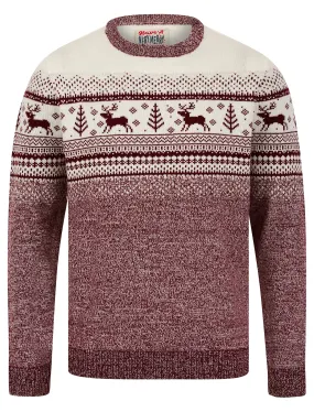 Men's Rifkin Jacquard Nordic Fair Isle Knitted Christmas Jumper in Claret Twist  - Merry Christmas