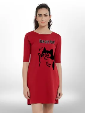 MEOW BILLI PRINTED WOMEN'S T-SHIRT THREE QUARTER SLEEVE SIDE POCKET