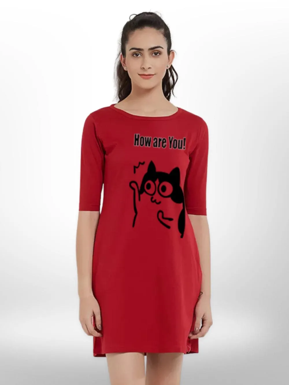 MEOW BILLI PRINTED WOMEN'S T-SHIRT THREE QUARTER SLEEVE SIDE POCKET