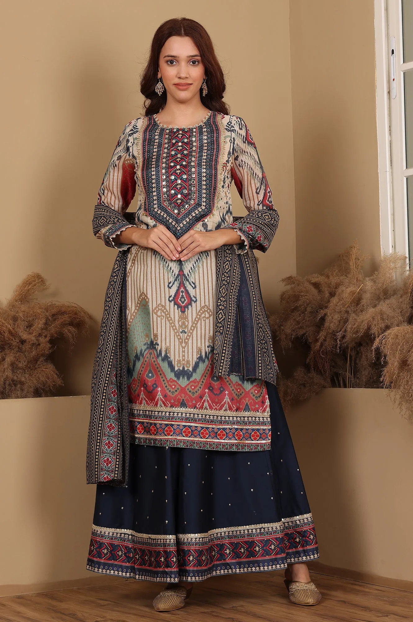 Multi-Coloured Printed Sequined Kota Kurta, Flared Culottes And Dupatta Set