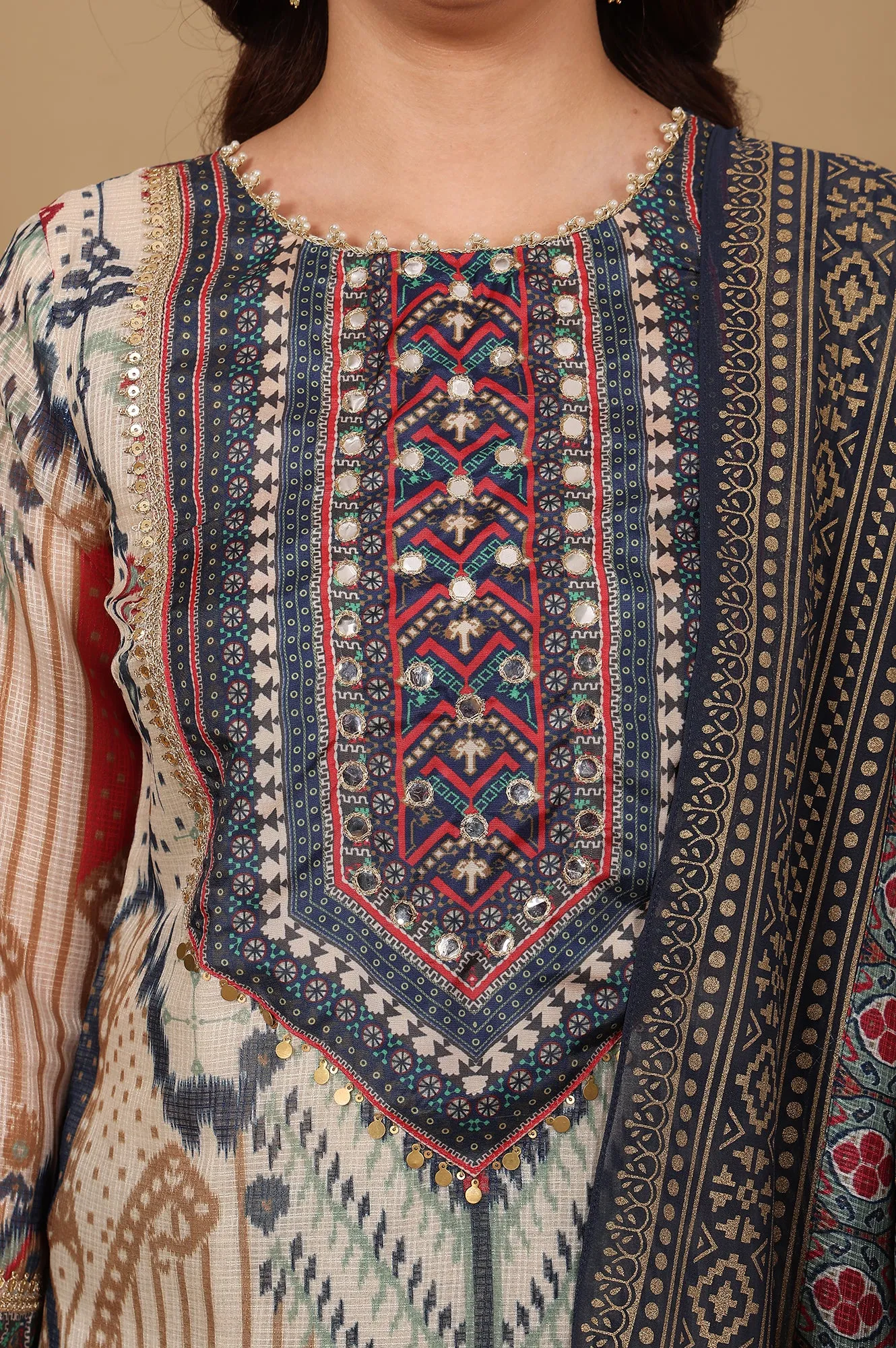 Multi-Coloured Printed Sequined Kota Kurta, Flared Culottes And Dupatta Set