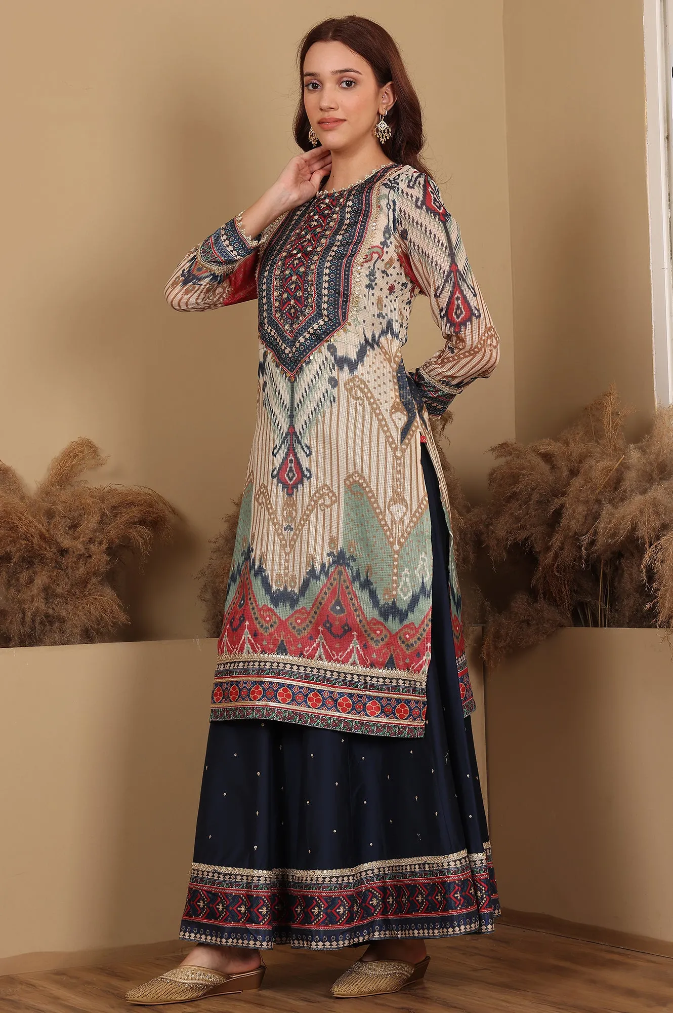 Multi-Coloured Printed Sequined Kota Kurta, Flared Culottes And Dupatta Set