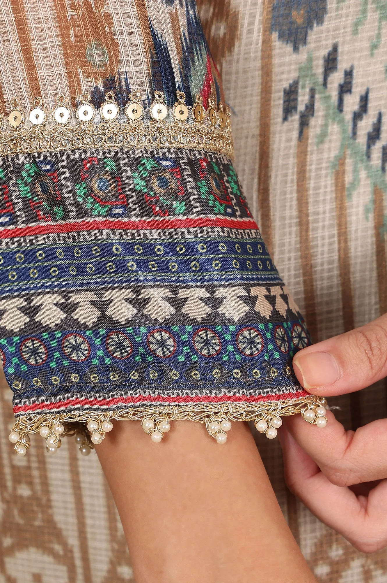 Multi-Coloured Printed Sequined Kota Kurta, Flared Culottes And Dupatta Set