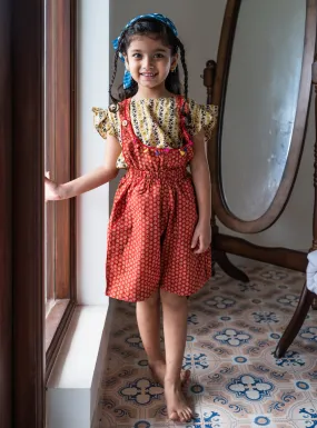 NATKHAT:- Rust Red floral Bagru Dungaree