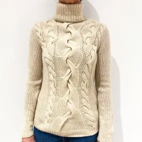 Oatmeal Cable Knit Cashmere Polo Neck Jumper Small