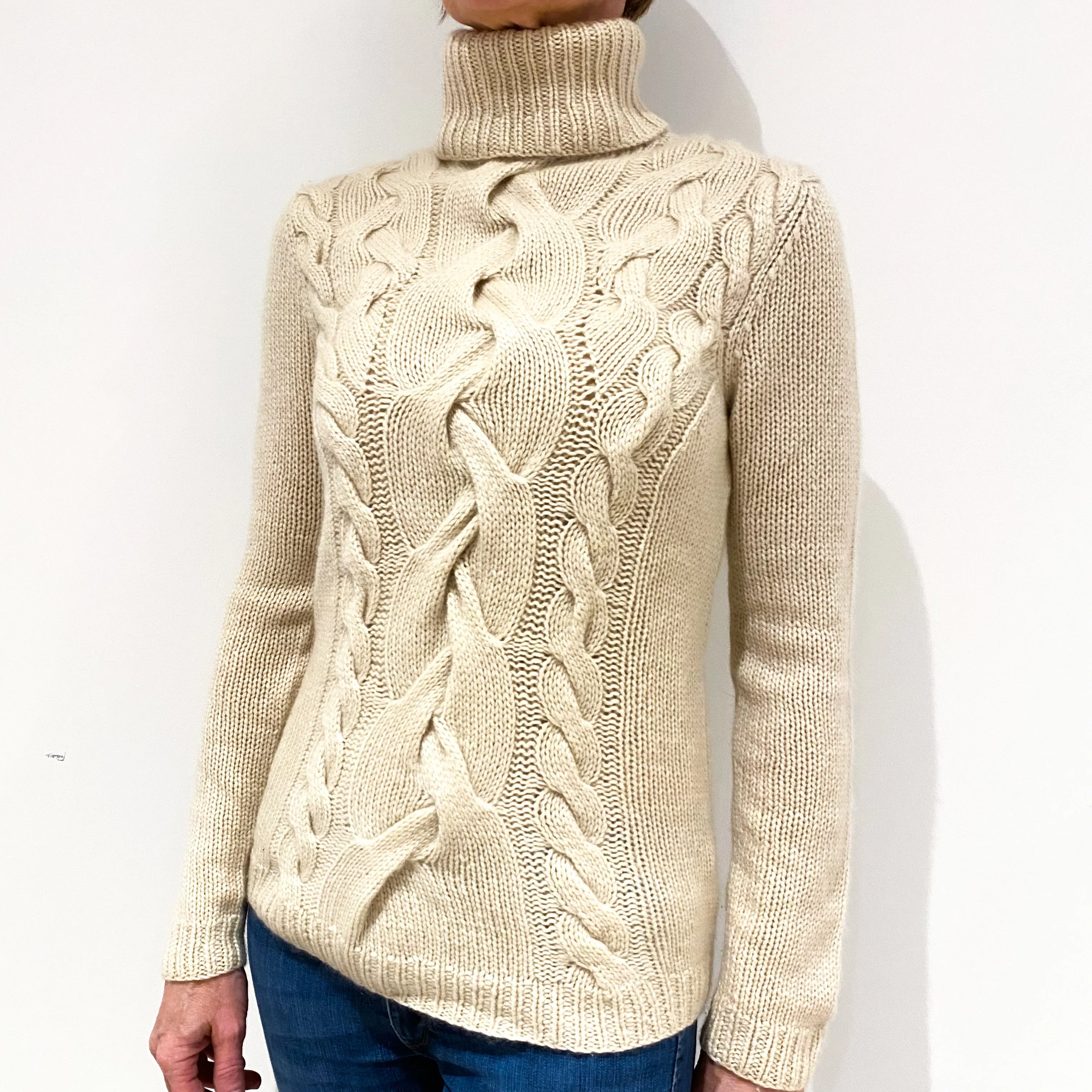 Oatmeal Cable Knit Cashmere Polo Neck Jumper Small